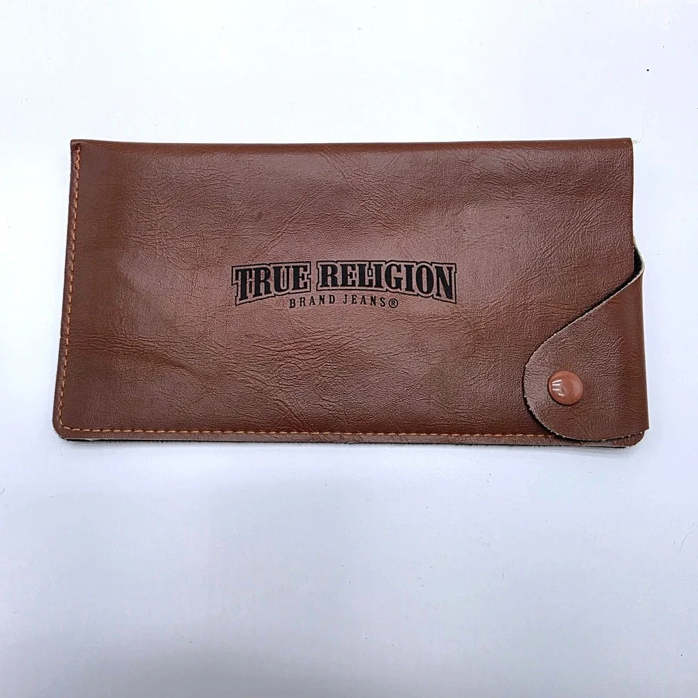 True Religion Brown Faux Leather Sunglasses Eyeglass Case Snap Closure Slim Logo